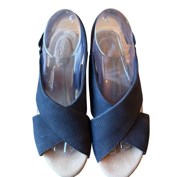 Clarks Wedge Platform Sandal Annadel Parker Size 9 Navy Suede Cork Slingback - Picture 5 of 9